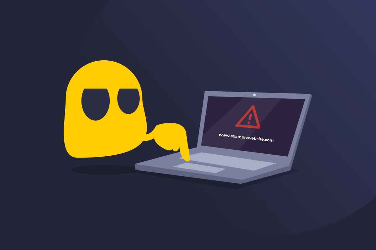 Yellow ghostie uses a laptop showing a warning icon and the URL “www.examplewebsite.com” on a dark background.