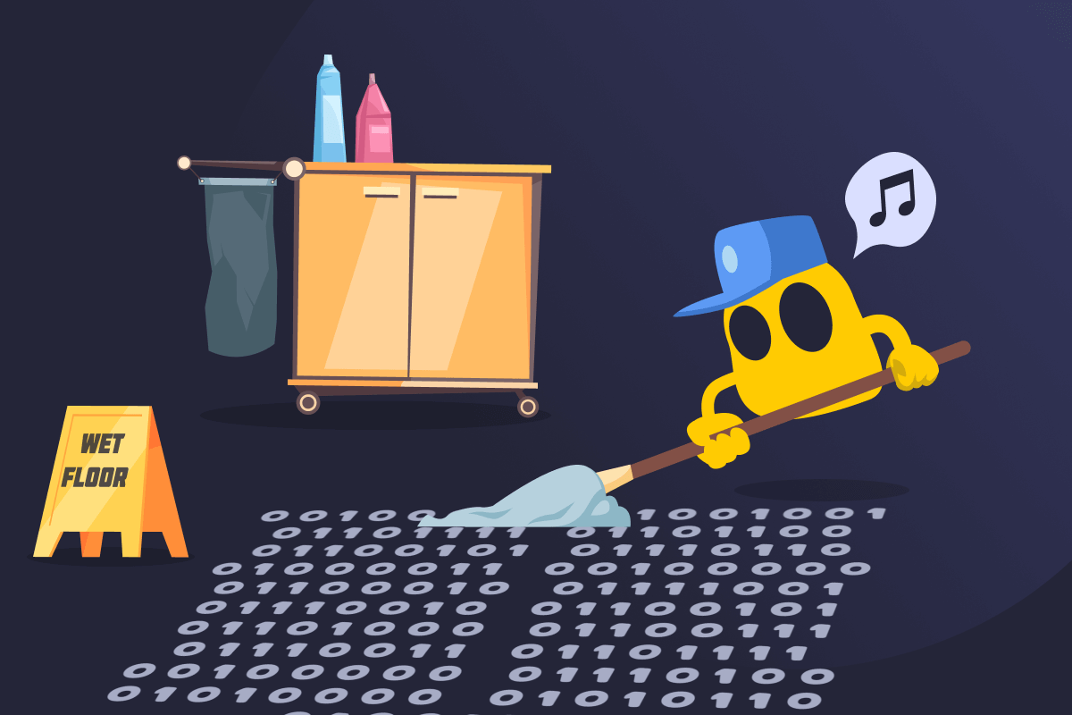 A Ghostie mopping a floor made of binary data.
