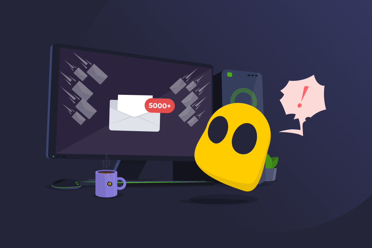 An illustration showing a Ghostie next to an inbox attacked by a huge volume of messages.