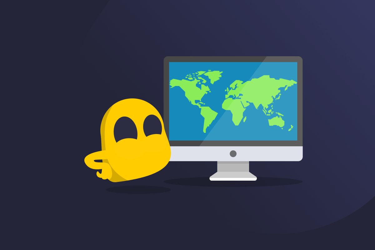 Image of a Ghostie looking at a world map on a computer screen.