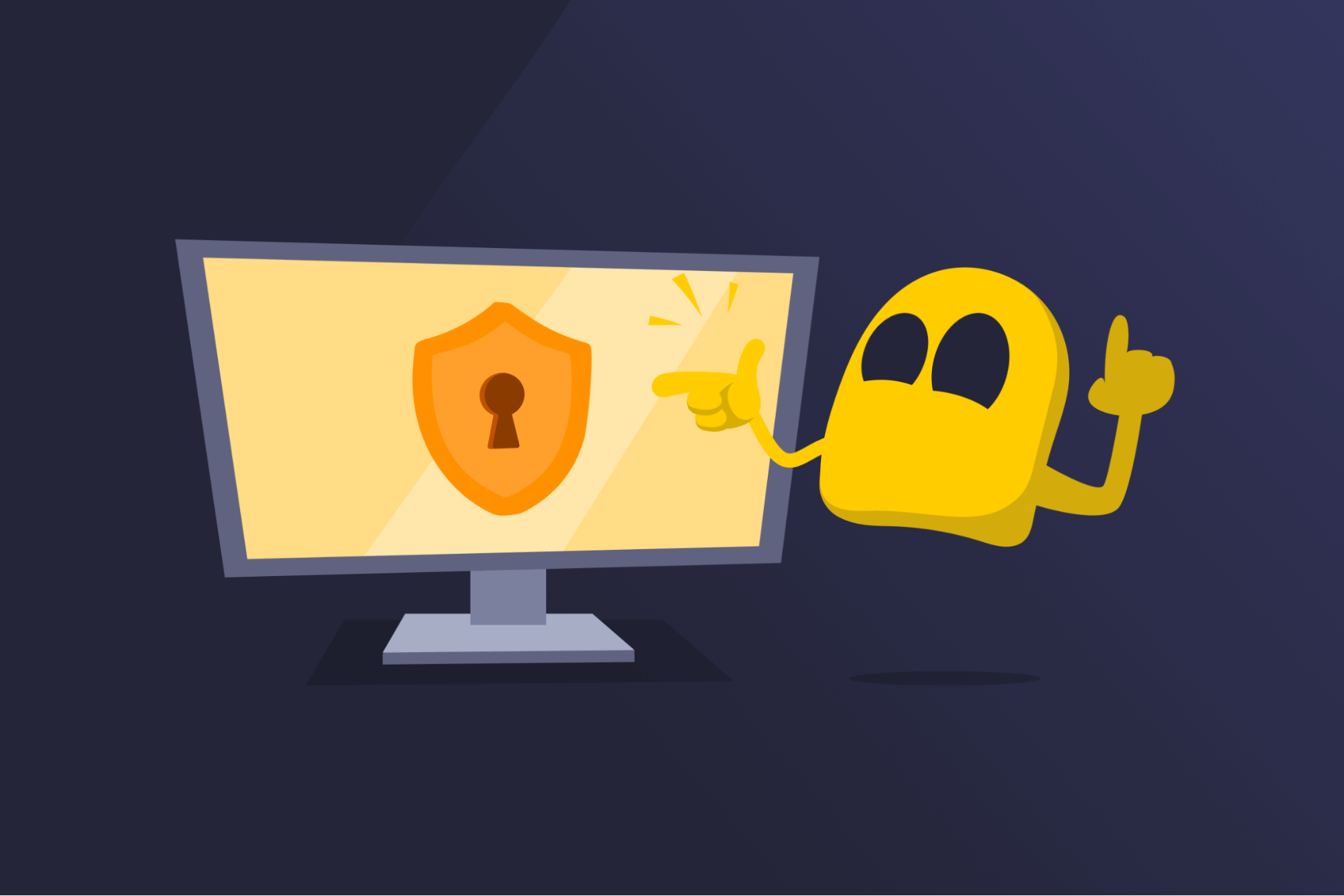 Illustration of a Ghostie pointing at system security on a computer screen.