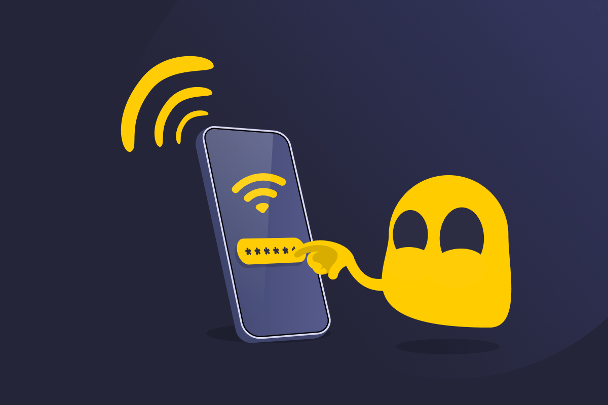 A ghostie using a smartphone, tapping on a password field below a Wi-Fi symbol.
