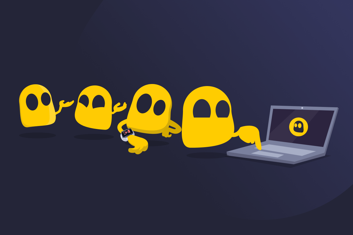 Three ghosties in a queue in front of a desktop showing the CyberGhost VPN app, to demonstrate the FCFS algorithm.