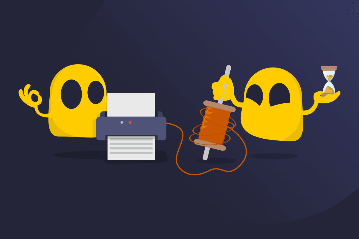 Image of two Ghosties using a printer with a spool and an hourglass